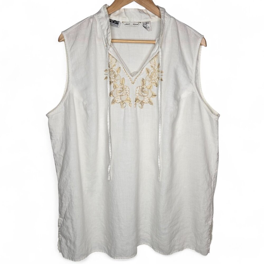 Edward Irish 100% Irish Linen Women White Metallic Gold Floral Embroidered  3X